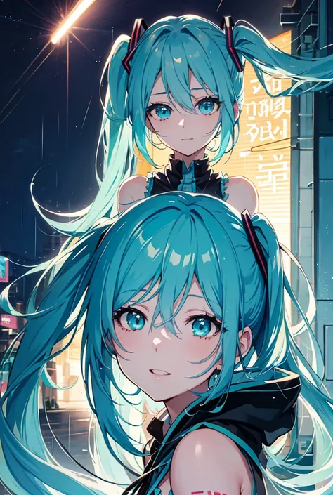 Anime woman, Hatsune Miku, longTurquoise hair, Turquoise eyes,  ، sideaways face ,in street, at night, rain, open lips, slight redness, , Anatomy is correct, Best quality,  , Great work,  , close angle attractive smile, Anime, Ultra HD screen, 