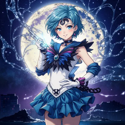 after transformation, transformation, hand on own hip, ecstasy, blush, fighting stance, evil smile, Casting a darkness destruction spell,, Escaping audience, destroying, gripping sword in hand, Ruined city, Dark Mercury, Mizuno Ami, blue hair, dark blue ey...