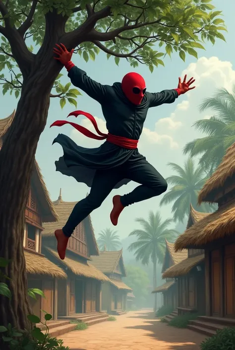 An Indian thief wearing red mask jumping from  a tree of a village 