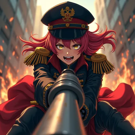 Bottom view from first person, On top, in a rider pose, sits a girl in the uniform of an Imperium commissar with a hat, warhammer, yandere, crazy smile, burning look, the gun in the hand is pointed straight ahead, anime