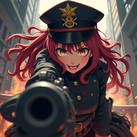 Bottom view from first person, On top, in a rider pose, sits a girl in the uniform of an Imperium commissar with a hat, warhammer, yandere, crazy smile, burning look, the gun in the hand is pointed straight ahead, anime