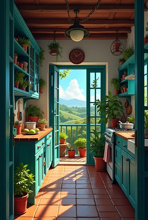 Here’s an image prompt for you:

"A charming, sunlit kitchen with teal cabinets, filled with plants, kitchen utensils, and cozy cooking essentials. Sunlight pours in through a wide-open door, leading to a small balcony covered with potted plants and fresh ...