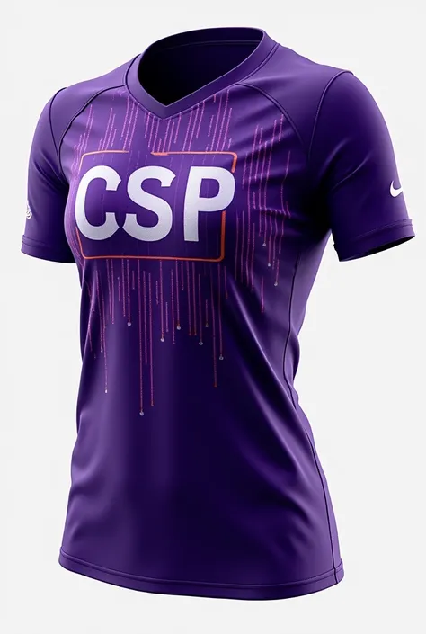 Volleyball jersey  color purple with a team name CSP with a design related to a computer program 