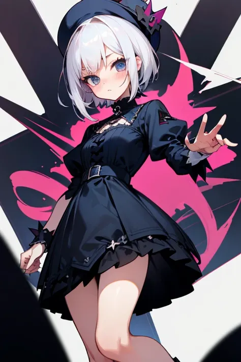 Short white hair, blush, Gothicta、Punk Fashion、Clothes、front、Superior。Navy Blue Dress、(Adult Poku)、