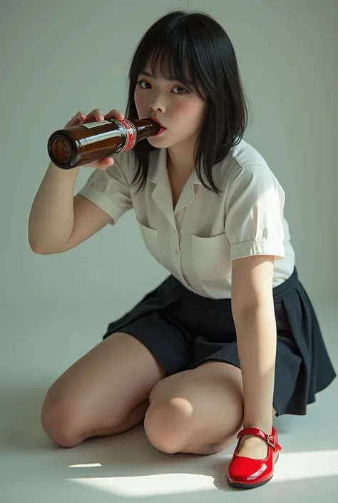 a schoolgirl wearing pantyhose and red maryjanes, sucking on a beer bottle