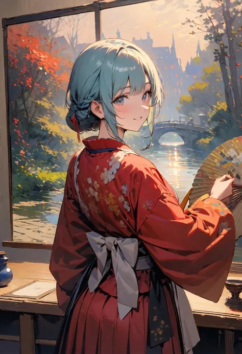 (masterpiece, best quality),(oil painting:1.4),(Please paint Claude Monets "La Japonaise".),The picture depicts a teenage girl.,She is wearing a red-kimono and looking back, smiling,(has japanesesensu. japanese fans are displayed on the light blue wall). t...