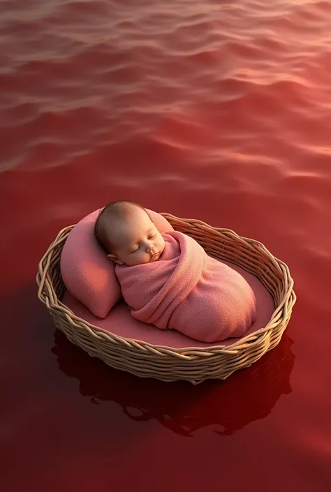 1 month Child  in basket floating on red colour water front view