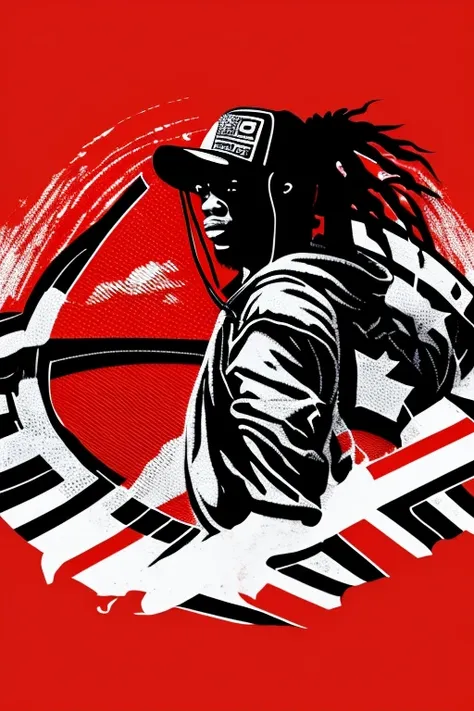 A background filled with Japanese flag in various sizes and colors、
Creative logo illustration of a silhouette with dreadlocks and red headphones, 
Banksy、
A background completely filled with scattered musical notes in various sizes and colors, covering th...