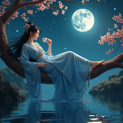 Girl,lying on a brown branch,solo,long hair,tassel,black hair,makeup,Chinese costume,hair accessories,eyeshadow,ribbon,hug,jewelry,sit,whole body,flower,sky,necklace,tree,cup,belt,night,blue dress,Chinese clothes,moon,night sky,hug cup,full moon,shawl,bran...