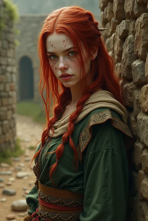 Create a character with red hair and long white streaks, green eyes, and skin with vitiligo, a commoner from the medieval era.