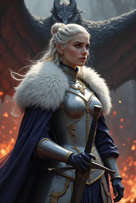 Targaryen Woman, stunning beauty, kind face. Silver hair tied in a bun, white skin, violet eyes, age 17 dressed in silver armor, with a furry fur coat, game of thrones painting style,  with wavy white hair,side braids,beautiful necklace, Targaryen women ha...