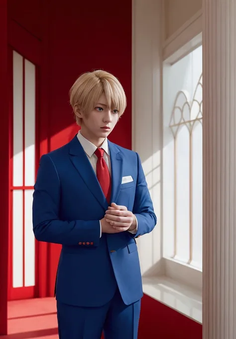 short blond hair with red tips, blue suit with yellow trim, white dress shirt, red tie, standing pose, right hand touching the temple, serious demeanor, indoor setting with a neutral transparent background, uniform lighting, formal atmosphere