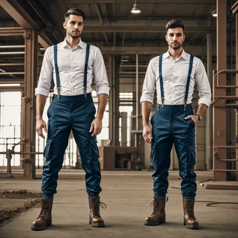 Male engineer, standing full length, dressed in industrial uniform, realistic, Dressed in suspenders and combat boots 