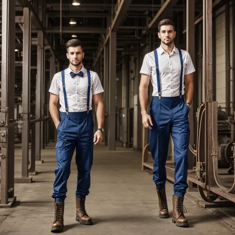 Male engineer, standing full length, dressed in industrial uniform, realistic, Dressed in suspenders and combat boots 