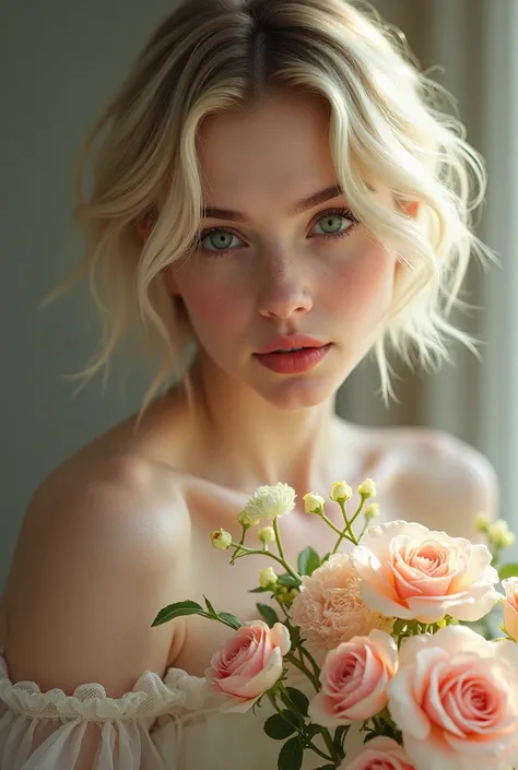 Face of a girl 25-30 years old of European appearance, blondes, short haircut, refined face, very beautiful, looking at flowers