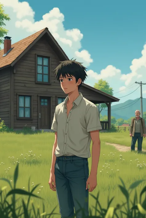 (photorealism:1.2),a young anime, farmer, man, Canadian, short hair, cute, sad, no beard, wear shirt, farm and wood home in background, outdoor, the old man watch him from afar, anime.