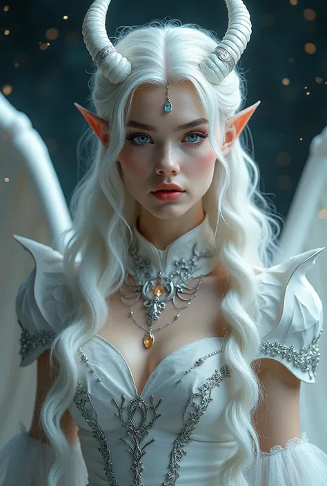 unreal engine:1.4,UHD,the best quality:1.4, photorealistic:1.4, skin texture:1.4, work of art:1.8,White Dragon Queen, young and mature woman, Long elf ears, elegant dress, big chest, curve, Dragon Ling Vawy Hair, super long hair, Soft facial features, Whit...