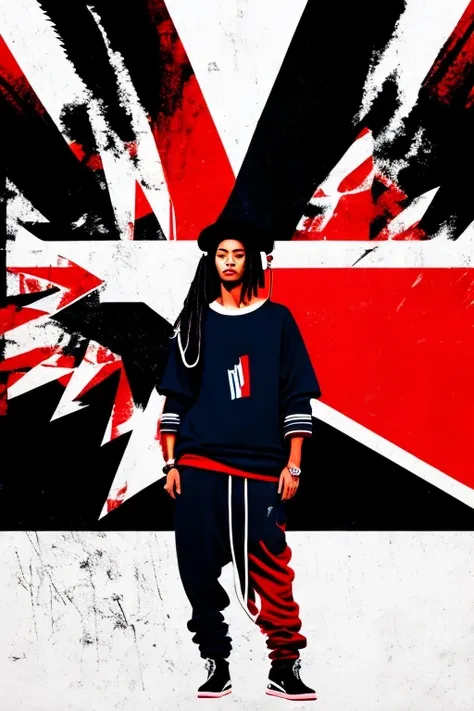 A background filled with Japanese flag in various sizes and colors、
Creative logo illustration of a silhouette with dreadlocks and red headphones, 
Banksy、
A background completely filled with scattered musical notes in various sizes and colors, covering th...