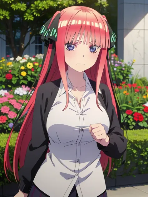 (masutepiece, Best Quality, hight resolution, nffsw, Perfect Pixel, depth of fields, 4K), Beautiful anime girl, Perfect body,, nino nakano, white shirt, cardigan, long hair, looking at viewer, closed mouth, , flower garden, many flower ,, angry