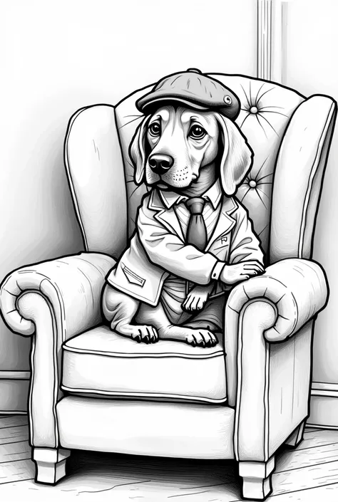 Anthropomorphic vizsla with big eyes and blond fur dressed in Arafylle in Peaky Blinders style cuddling on armchair black and white coloring page comic