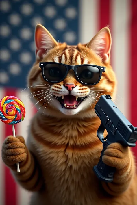 Create a picture of a brown cat, smiling face, wearing sunglasses, left hand holding a lollipop, right hand holding a gun, American flag background, half body.