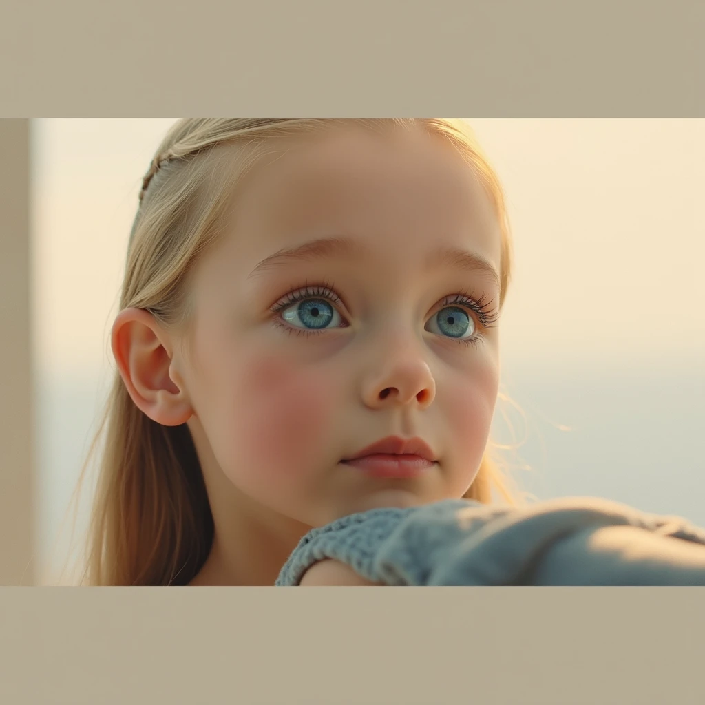 Close-up of a girl&#39;s face, big eyes, Blue eyes , blue iris, plump pink lips, Smooth skin, looks to the sky, high resolution, masterpiece, Retina of the eye, Shine, Lens flare, Lighting effects of the film, fluorescence, Reflected light, 