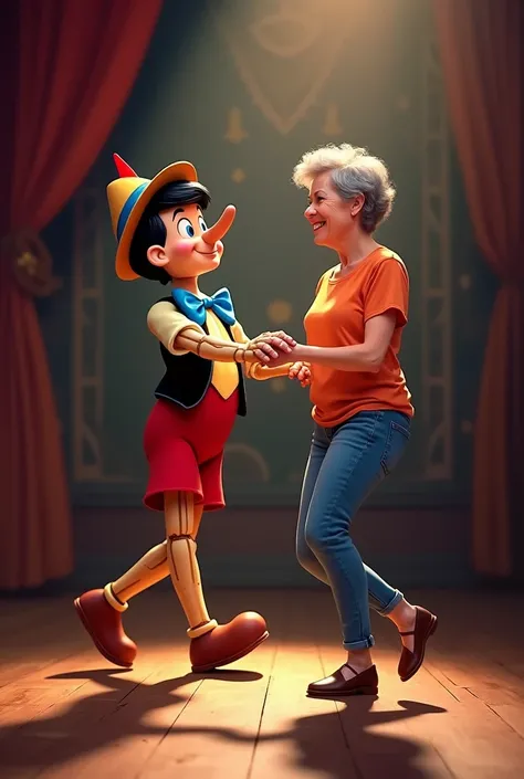 Pinocchio on stage dancing with a 60 year old lady wearing.a pair of jeans with an orange t-shirt.