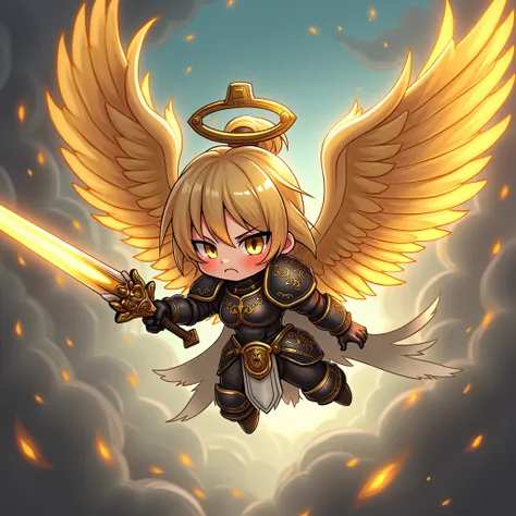 anime, chibi, Angel Girl, fires a bolter in one hand and holds a holy sword in the other, golden glow, giant wings, angry face, warhammer armor design, flies through the warp, cuteness