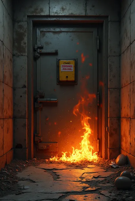 A cellar corridor in which a metal door with a small flap that can be pushed open can be seen. Flames have already broken out in this corridor. A fire has already broken out in this corridor.