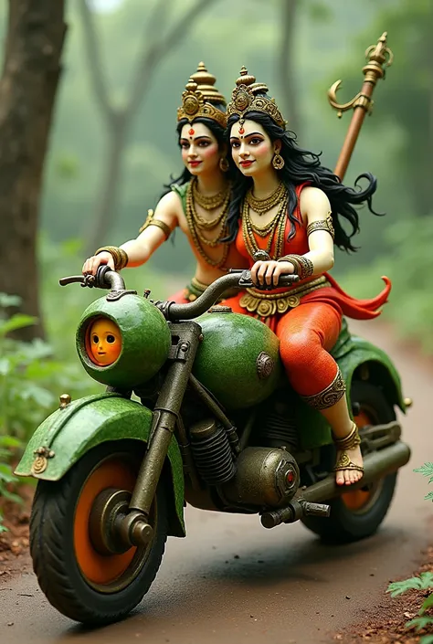 I want a picture where Mahadev and Mata Parvati are sitting on a motorcycle and the motorcycle and Mahadev are made entirely of vegetables.