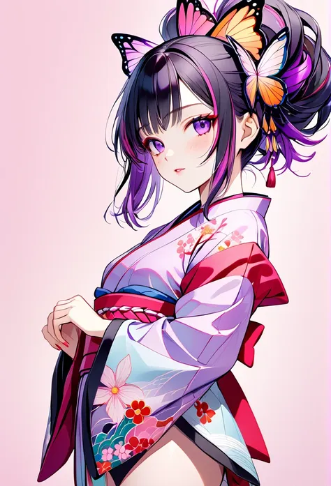 a mesmerizing surreal illustration of a young japanese woman resembling shinobu kouchou. she has black hair, purple eyes, a butt...