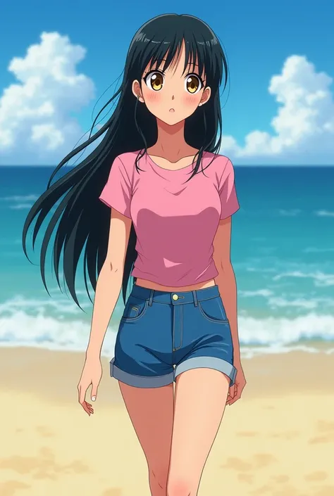 Anime girl 80s tipo sailor moon, with long straight black hair with bangs yellow eyes with deans shorts and pink top walking on the beach for example anime/manga with delicate features, large and expressive eyes. 