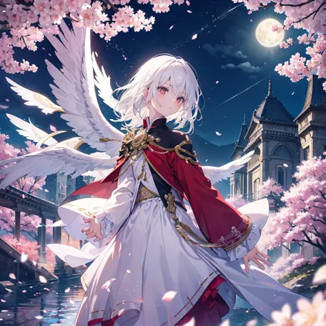 White hair, flashy wings, man, fantasy, full moon, night, magic, cherry blossoms