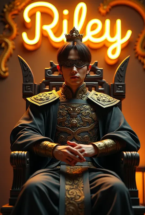 A Korean model man wearing a dragon warrior dress, he has short hair in color brown hair and a crown, sitting in an iron throne chair from the Game of Thrones, looking directly, wearing a blindfold. The background features the words RILEY written in large ...