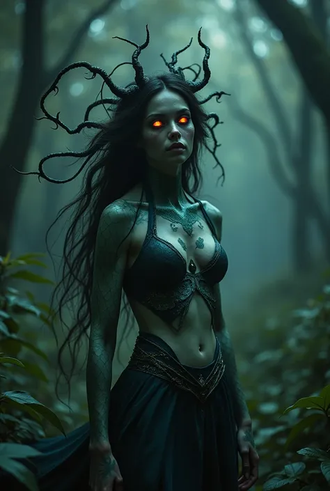 a cinematic shot by Guillermo del Toro, In which a mysterious creature appears in the middle of a dense dark forest - a mixture of flora and fauna, looks like a beautiful girl, with hair like vines, eyes burning like coals, and skin decorated with iridesce...