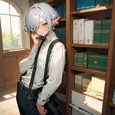 elf, silver hair,short hair, medium cut, curly hair, green eyes, fair skin, (1 boy), (covering one eye), petite, slim, suspender...