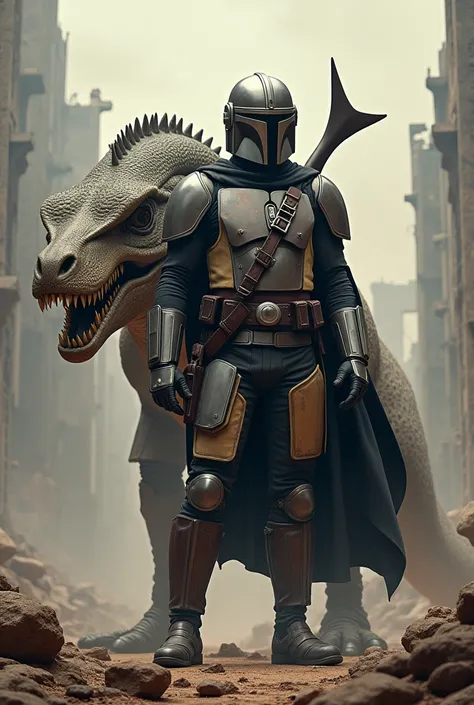 Mandalorian with a mythosaur at his side with an apocalypse setting 