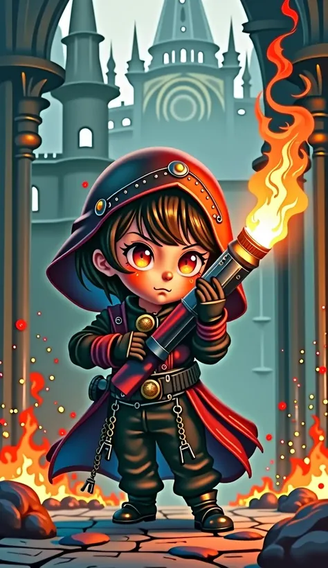 anime, chibi, female inquisitor of the Imperium with a flamethrower