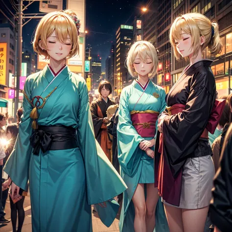 Anime freind two woman, short  blonde hair, closed eyes, and woman, long turquoise hair, closed eyes high resolution, , bilateral, I smile,,.High resolution, closed lips, pony tail, precise, Short kimono, correct anatomy, Best Quality, Traffic Light Crossi...