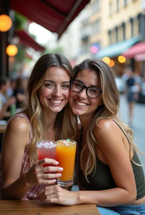 two young lesbian women about 2, one blonde and one brunette with glasses, They have a drink in a café on a crowded street. They are very happy. They pose hugging for Instagram. hay tension sexual. 