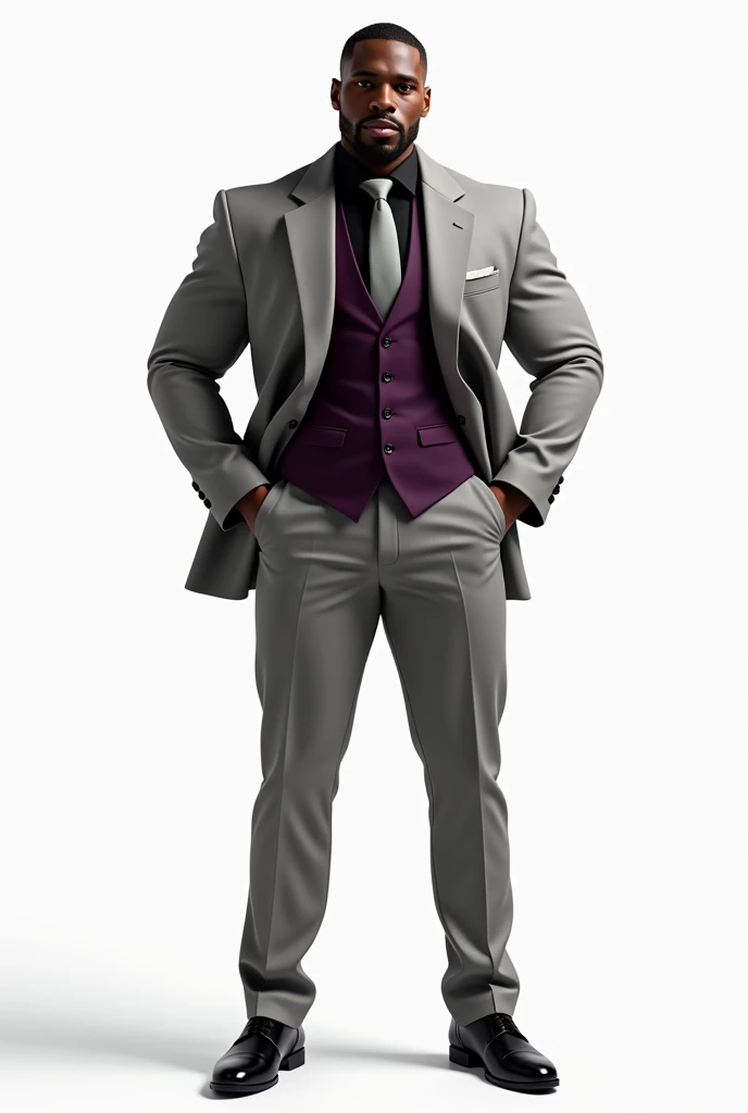 In a white background, black men’s physique lean bodybuilder in a very light charcoal suit with dark purple waistcoat and black shirt with a light charcoal tie. 