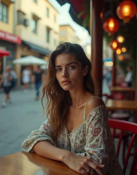 Street photography photo of a beautiful young Israeli woman, sitting in a café, upper body framing, on a vibrant Tel Aviv street, under warm afternoon light, shot at eye level, on a Leica M10 with a 35mm f/1.4 lens, (cinematic color grading:1.2), in the st...