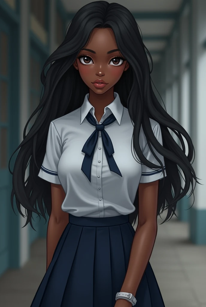 a beautiful dark skinned woman with long black hair dressed in school uniform