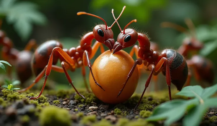 A red ant is stroking its swollen belly. .and see another group of ants.forest background