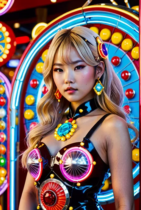 Pachinko parlor neon sign、One girl, solo, Lots of gems、Light Hair Color、Asian、Dangling accessories、Colorful futuristic costume made of patent leather、