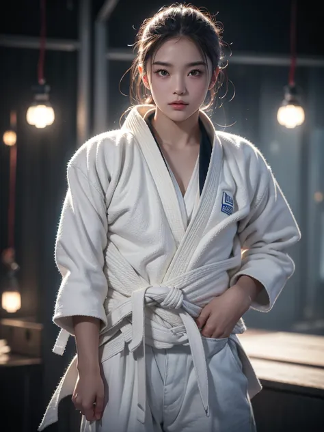 (((judo)))、judo着、Young woman、One Girl、20 years old、Muscular、cute、Muscular build、Beauty、sweat、背景judo場、Clothes are open、best quality,4K,8k,highres,masterpiece:1.2),ultra-detailed,(realistic,photorealistic,photo-realistic:1.37),HDR,UHD,studio lighting,ultra-f...