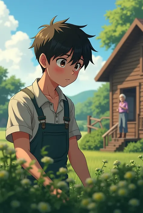 (photorealism:1.2),a young anime, farmer, man, Canadian, short hair, blown eyes, cute, sad, no beard, wear shirt, farm and wood home in background, outdoor, the old man in home watch him from afar while he plant vegetables in garden, anime.