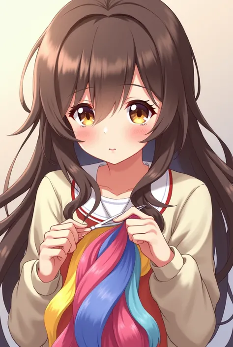 Anime girl with brown eyes and long wavy brown hair, with scissors in hand, styles a colorful wig without a face