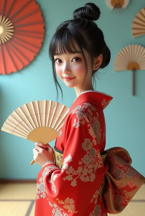 Claude Monets "La Japonaise" 3D figure,The picture depicts a teenage girl.,She is wearing a red-kimono and looking back, smiling,(has japanese ougi. japanese fans(uchiwa) are displayed on the light blue wall). tatami,3d rendering,octan rendering,