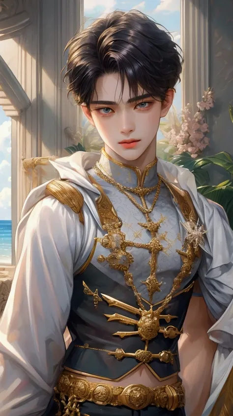 (nonsense, height, very detailed, HDR), Masterpiece, complicated details, Best quality closeup photo of young King Perseus with perfect face., Beaming, A boy with a handsome face, The coolest outfit, short hair, anime eyes, matured teenager, Miraculous out...